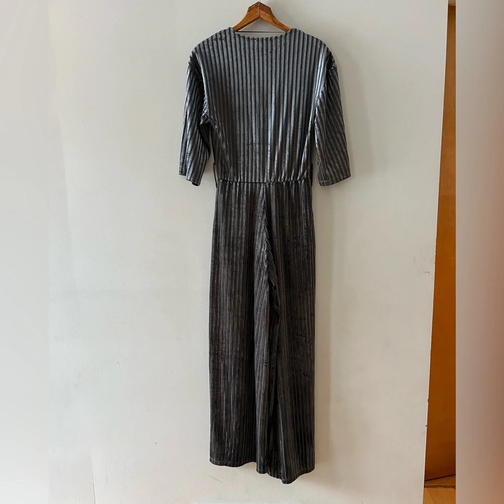ZARA‎ Trafaluc Jumpsuit Velvet 3/4 Sleeve Striped Wide Leg Gray Blue Size Small